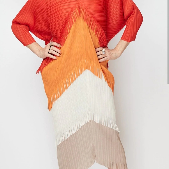 Kate Hewko Tiered Tassel Dress Accordion Pleated w/ Fringe Color Block - Picture 16 of 16